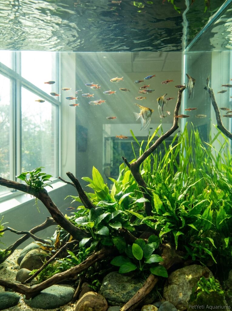 Healthy fish swimming near the upper water level in a warm planted aquarium.
