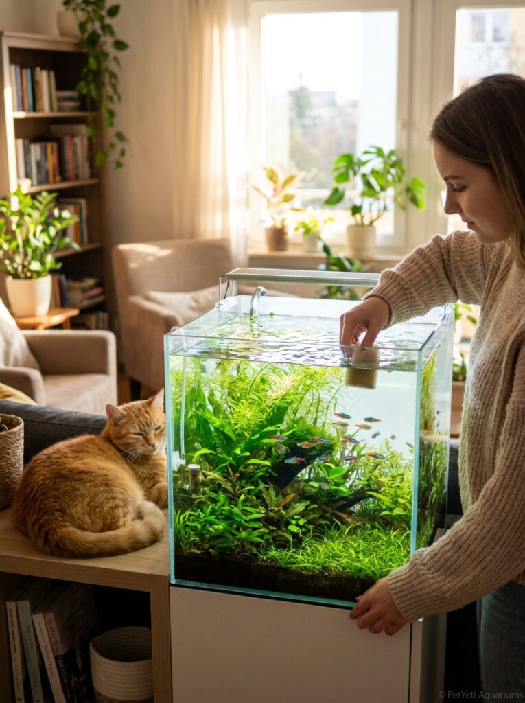 Beginner hobbyist maintaining a filter in a beautiful planted aquarium inside a cozy apartment.