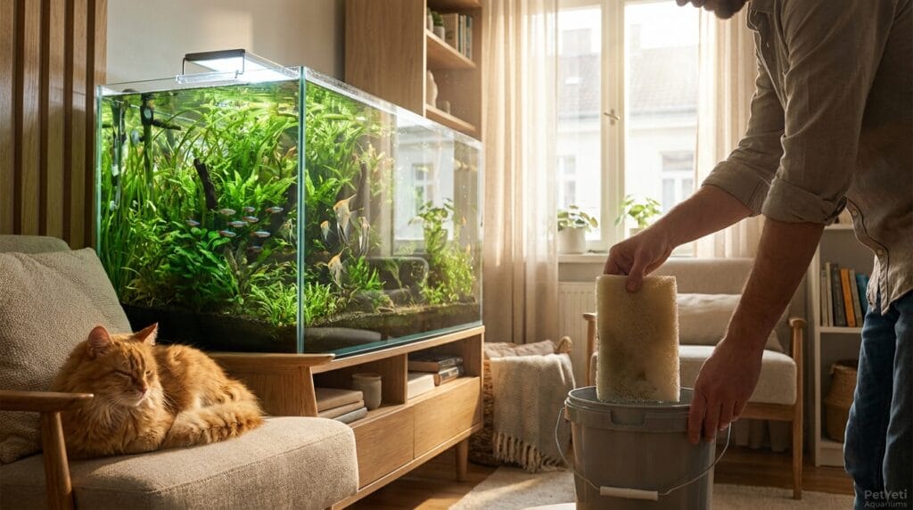 Best aquarium filters for beginners beside a clear planted aquarium in a cozy home setup