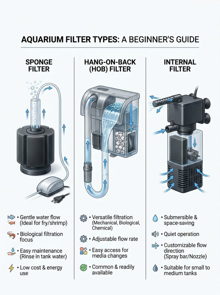 Types of Aquarium filter Sponge Filter, HOB Hang On Filter & Internal filter.