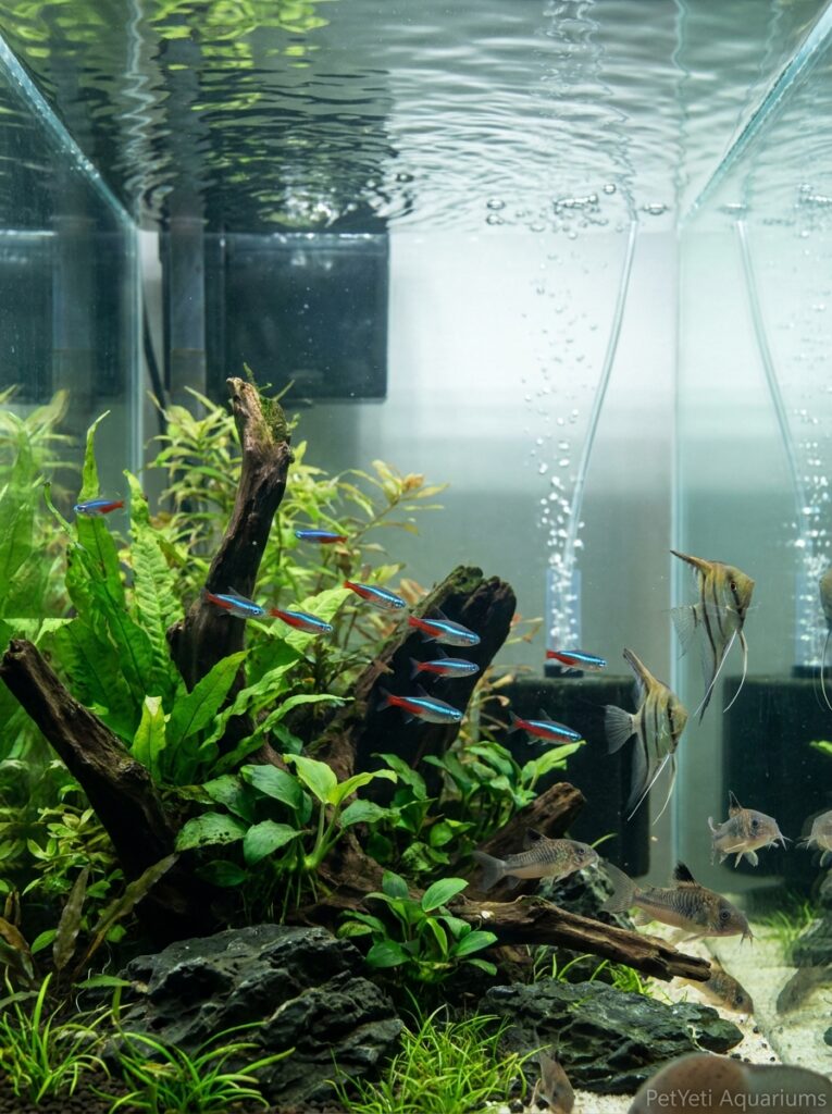 Community fish swimming in a planted aquarium with proper water circulation.