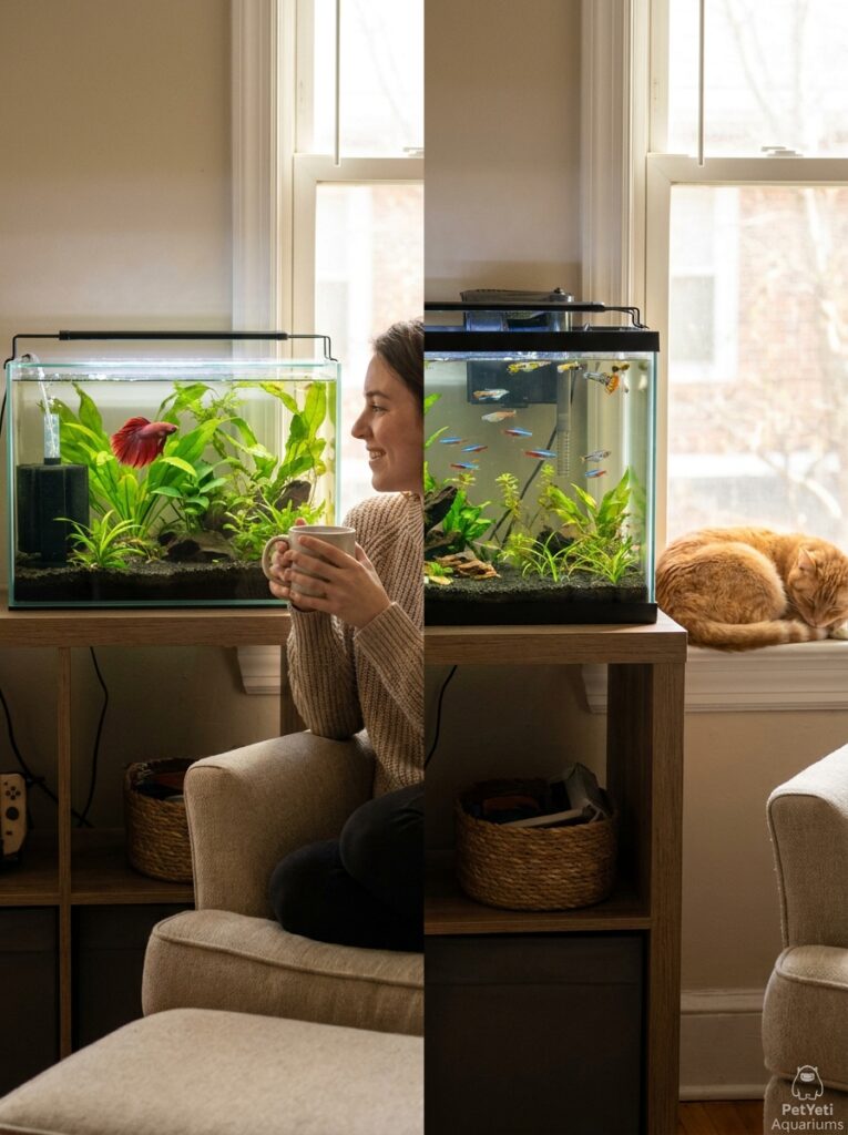 Comparison of a sponge filter aquarium and a hang-on-back filter aquarium in a modern home setting.