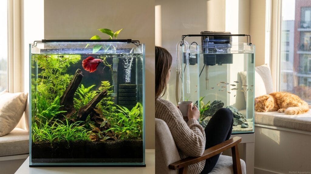 Sponge filter vs HOB filter comparison in two clear beginner aquarium setups