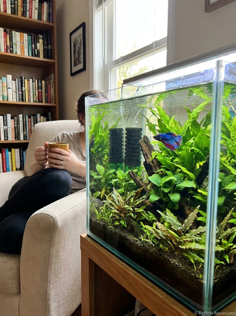 Healthy planted betta aquarium using a sponge filter hidden among aquatic plants.