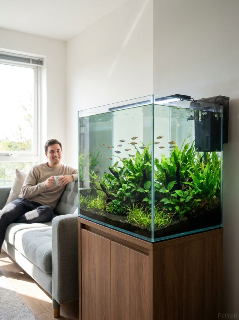 Community aquarium with a hang-on-back filter maintaining clear water and healthy fish.