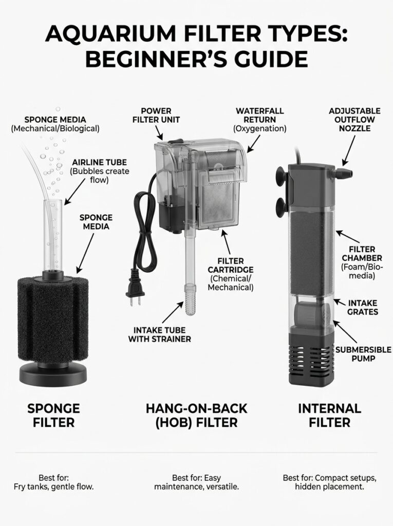 Educational comparison showing sponge filter, hang-on-back filter, and internal aquarium filter types.