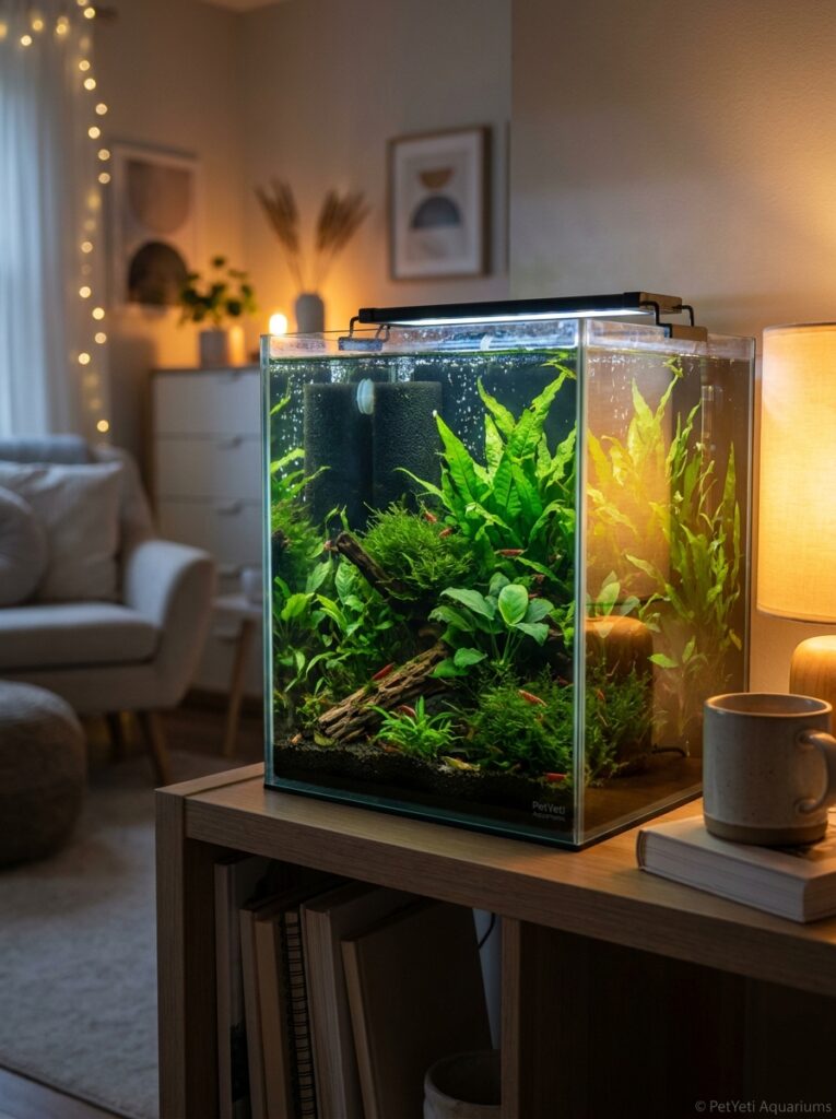Nano aquarium with shrimp and aquatic plants using a sponge filter for gentle filtration.