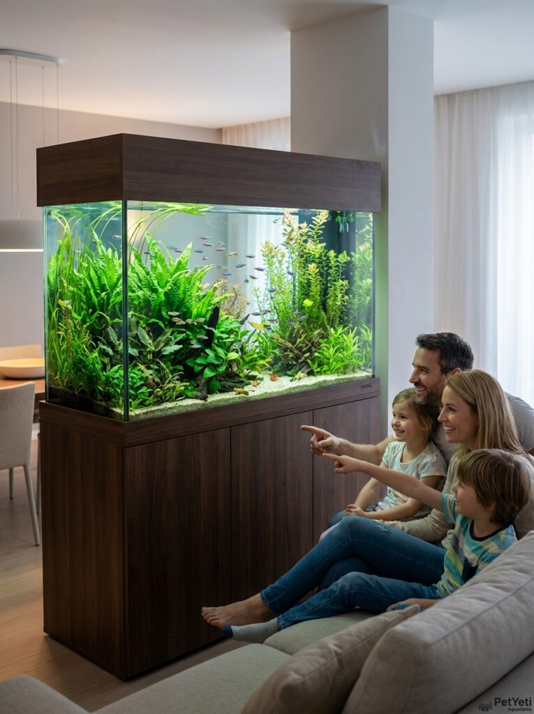 Large planted community aquarium supported by a hang-on-back filtration system.