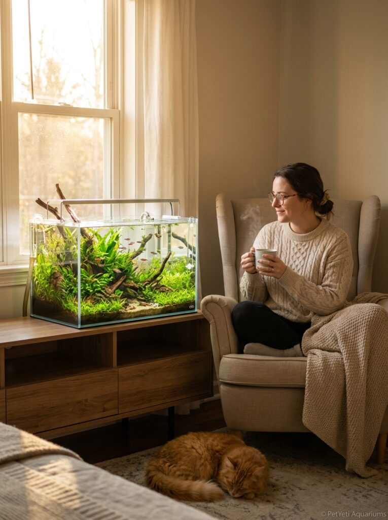 Quiet planted aquarium creating a peaceful atmosphere in a modern bedroom.