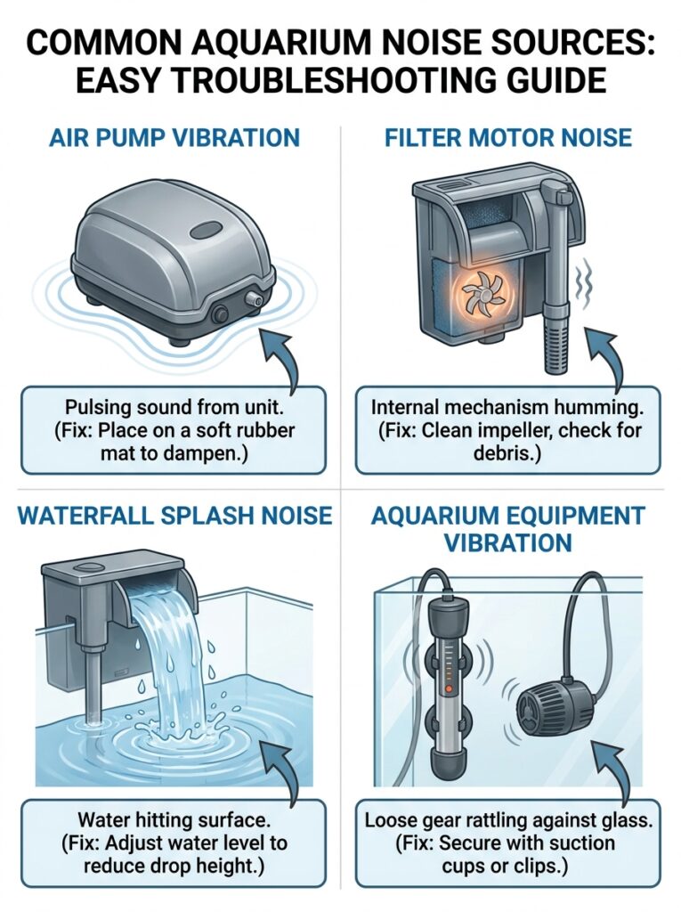 Educational infographic showing common sources of aquarium filter and equipment noise.