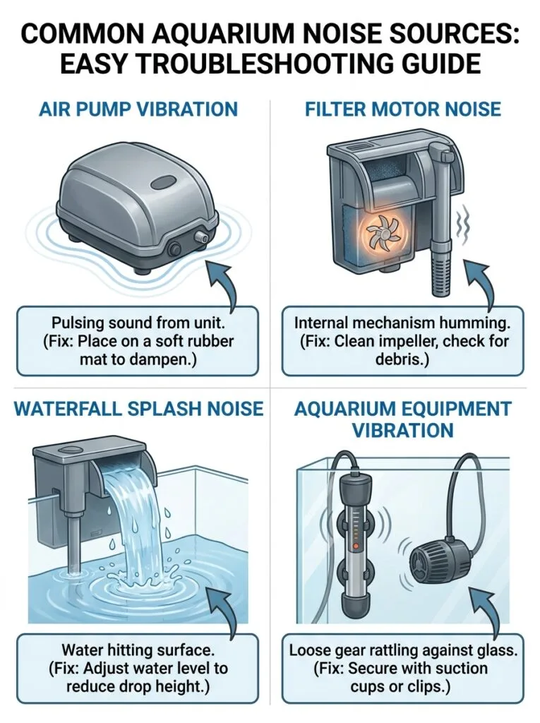 Educational infographic showing common sources of aquarium filter and equipment noise.