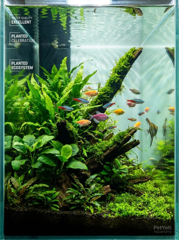 Healthy fish in a clean planted aquarium with crystal-clear water.