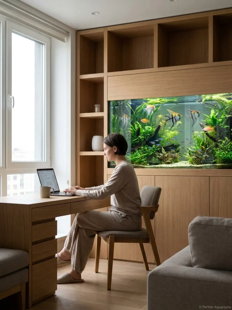 Quiet planted aquarium creating a relaxing atmosphere in a home office.