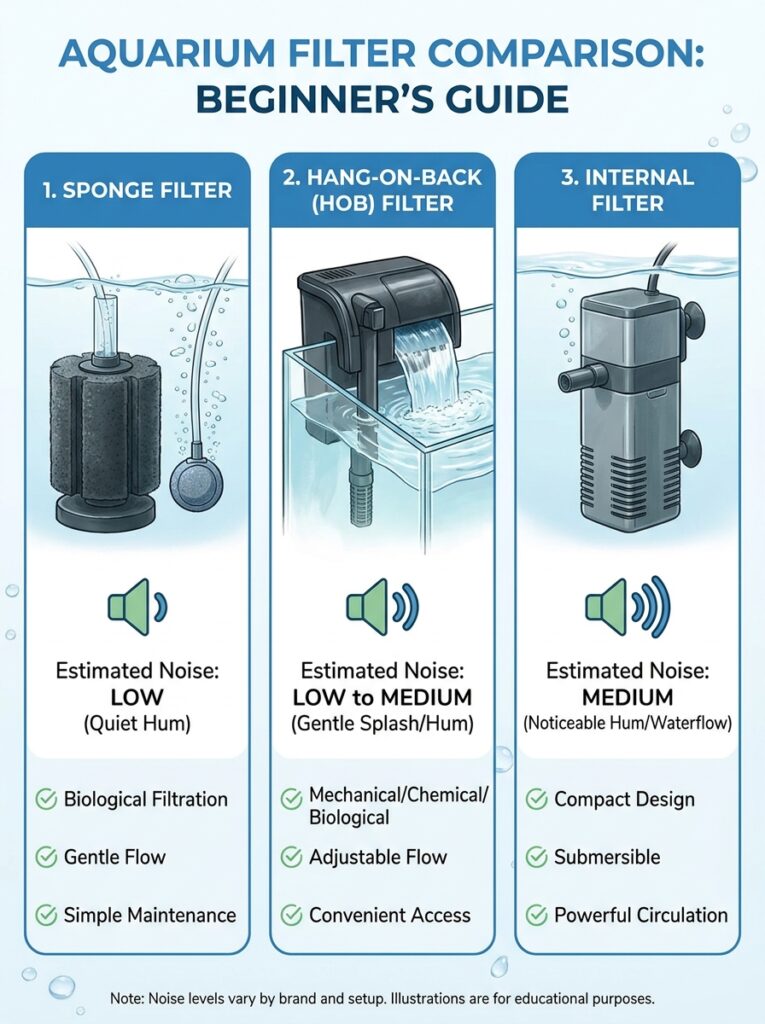 Comparison of sponge filters, hang-on-back filters, and internal filters with noise level ratings.