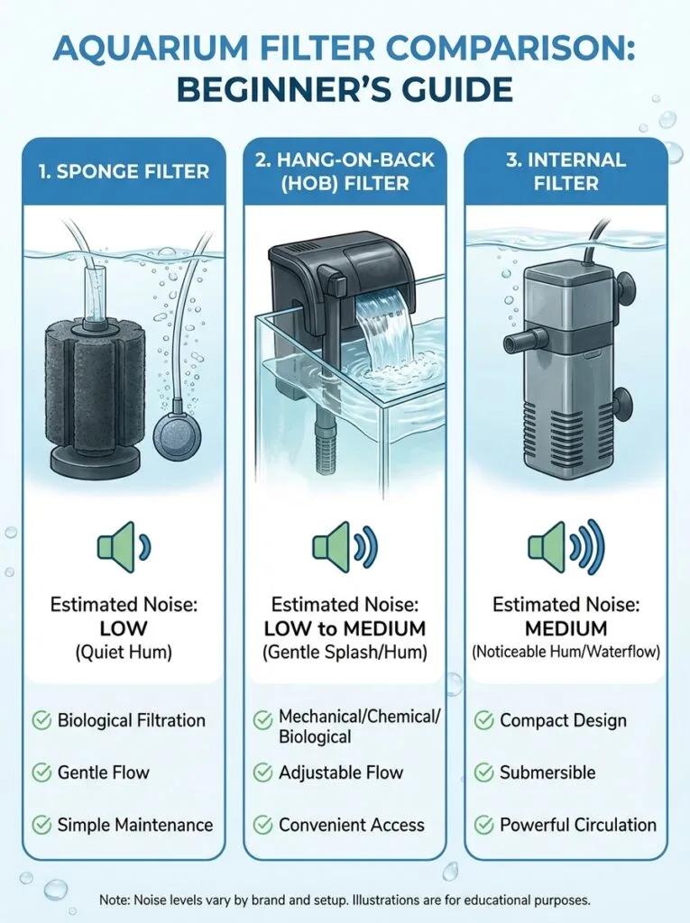 Comparison of sponge filters, hang-on-back filters, and internal filters with noise level ratings.