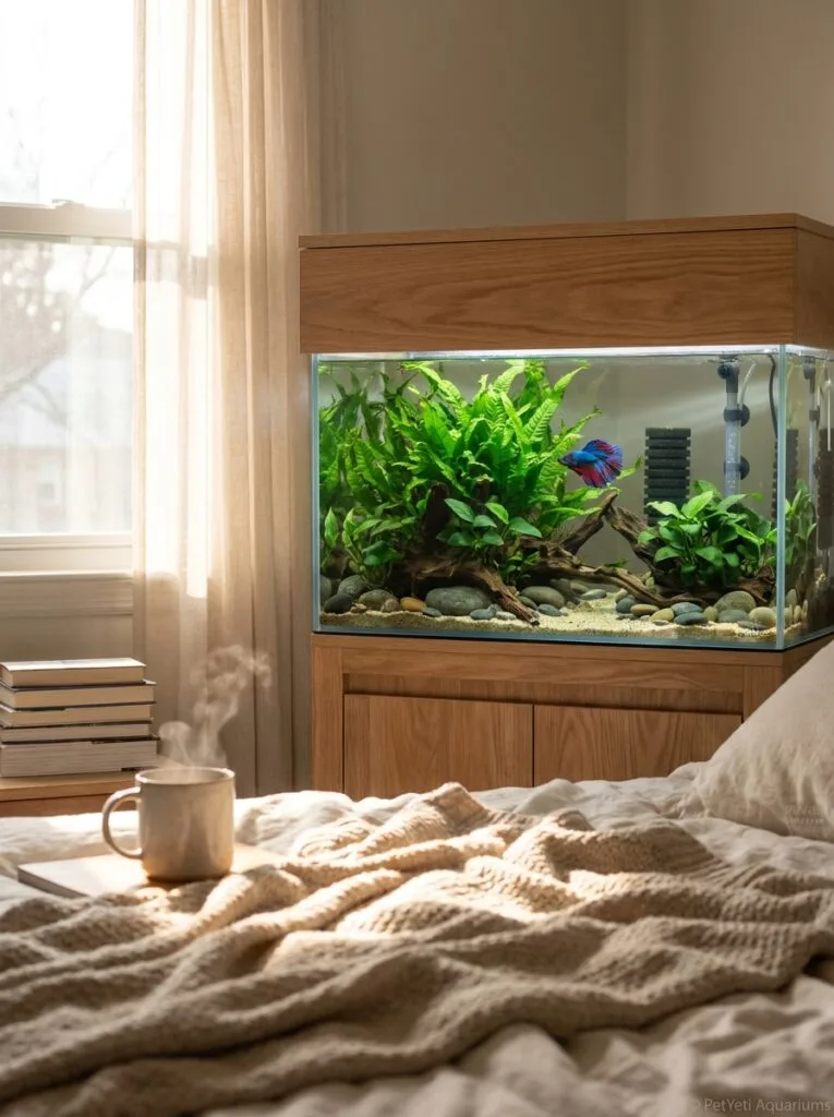 Quiet betta aquarium setup designed for a peaceful bedroom environment.
