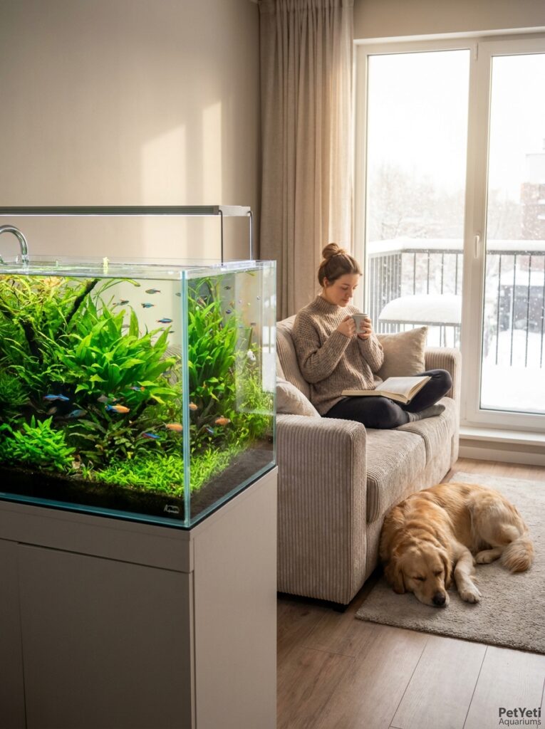 Beautiful planted aquarium in a cozy apartment living room during cooler weather.