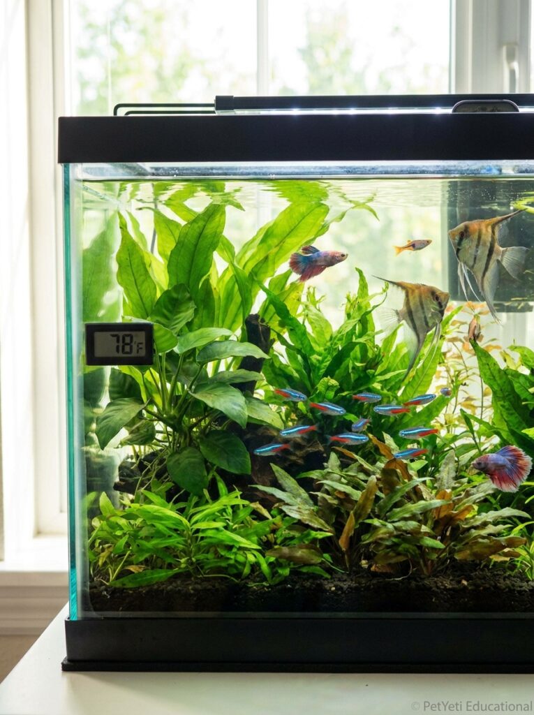 Healthy tropical fish in a stable aquarium environment with proper water temperature.