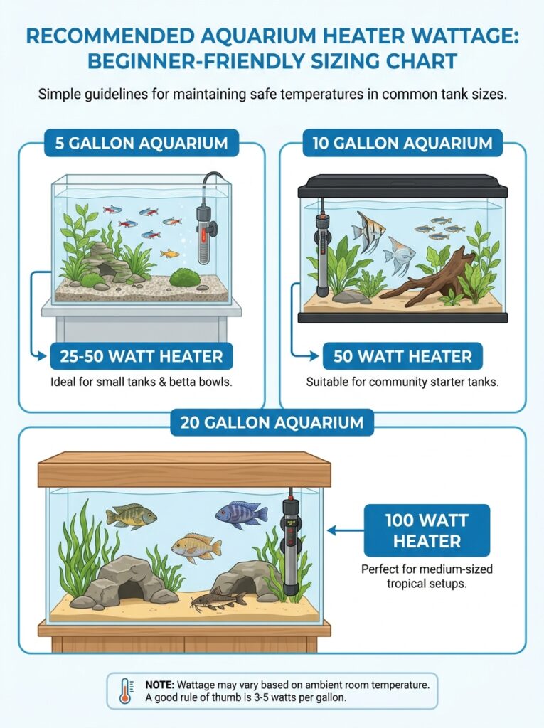 Aquarium heater size chart showing recommended wattage for 5, 10, and 20 gallon tanks.