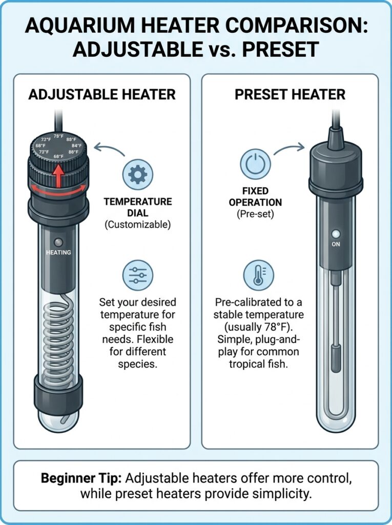 Comparison of adjustable and preset aquarium heaters for beginner aquariums.