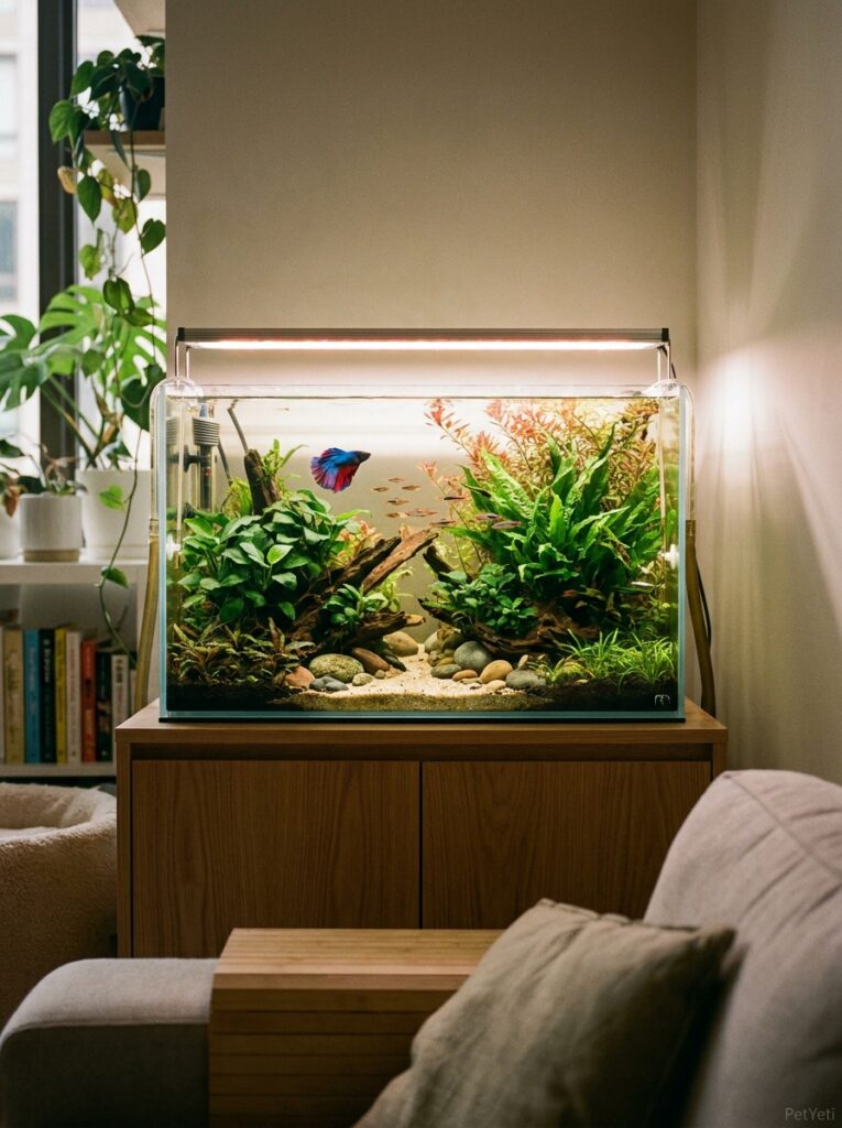 Betta aquarium with stable temperature and healthy aquatic plants.