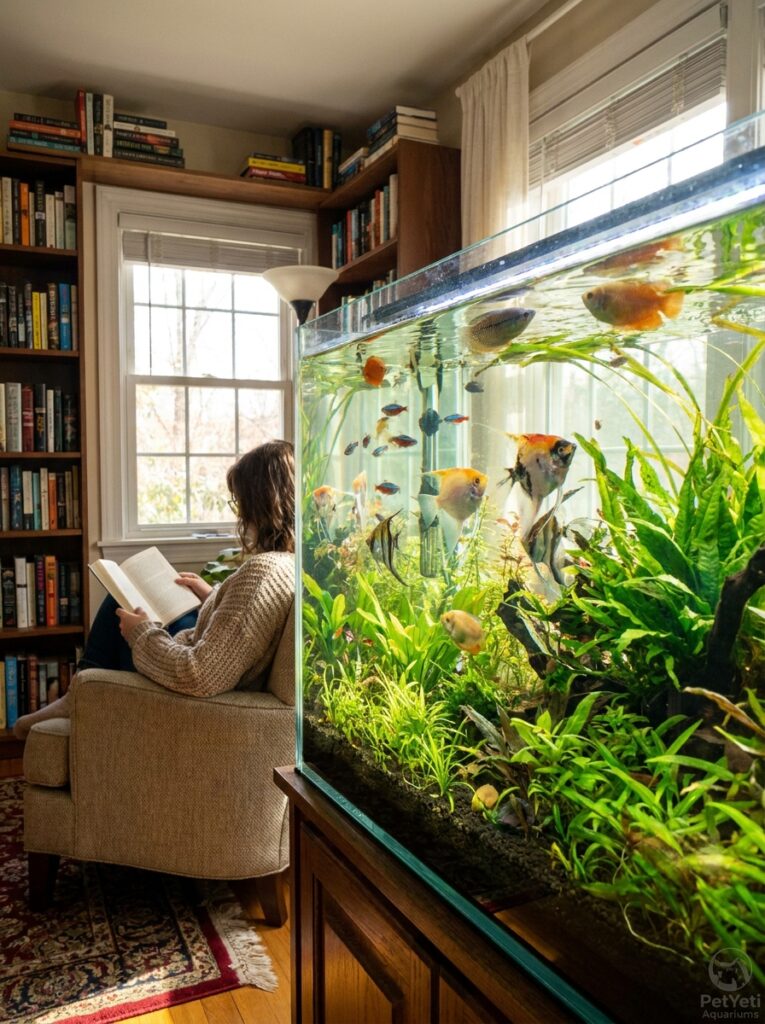 Freshwater fish exploring a planted aquarium after environmental changes.