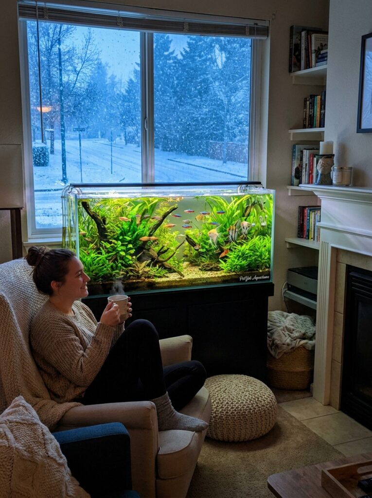 Warm tropical aquarium creating a cozy atmosphere inside a home during winter.