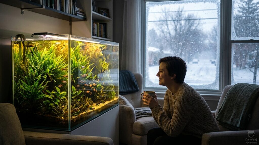 Warm tropical aquarium creating a cozy atmosphere inside a home during winter.