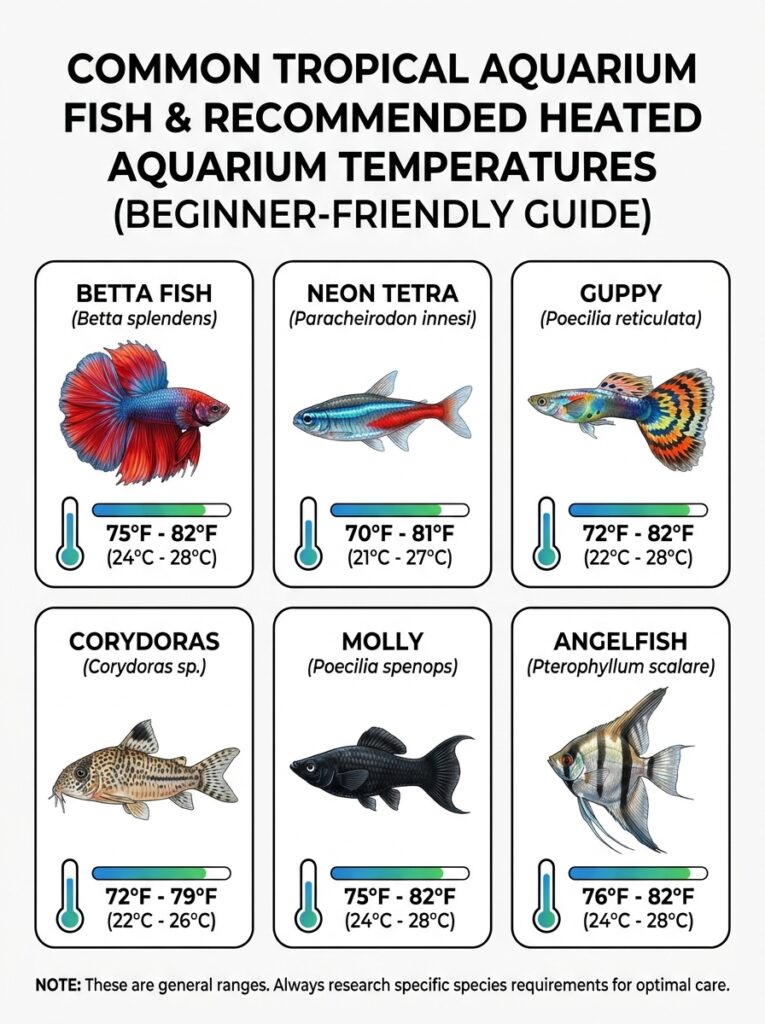 Common tropical aquarium fish and their preferred temperature ranges.
