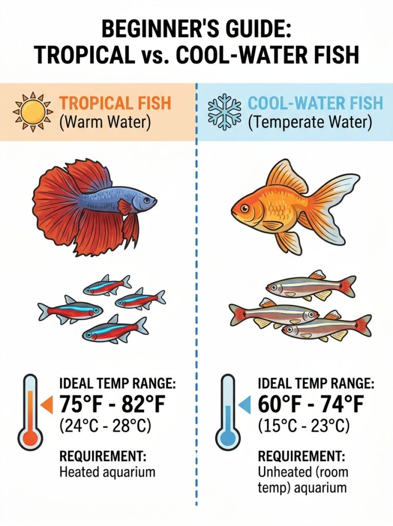 Comparison of tropical fish and cool-water fish temperature requirements.