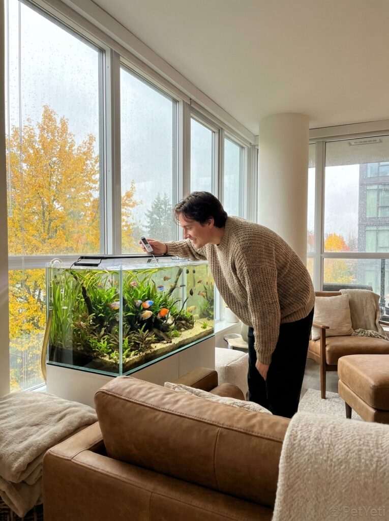 Aquarium owner monitoring water temperature in a home environment.
