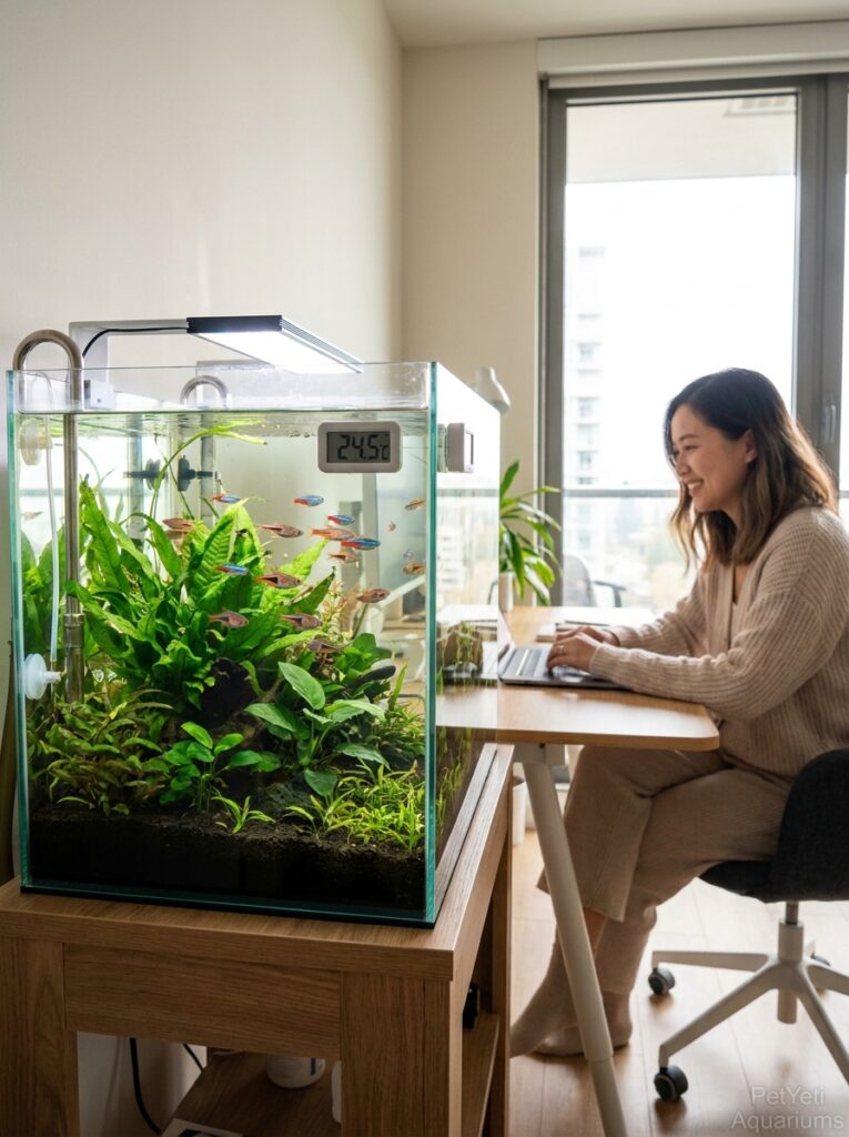 Planted aquarium with a thermometer helping maintain stable water temperature.