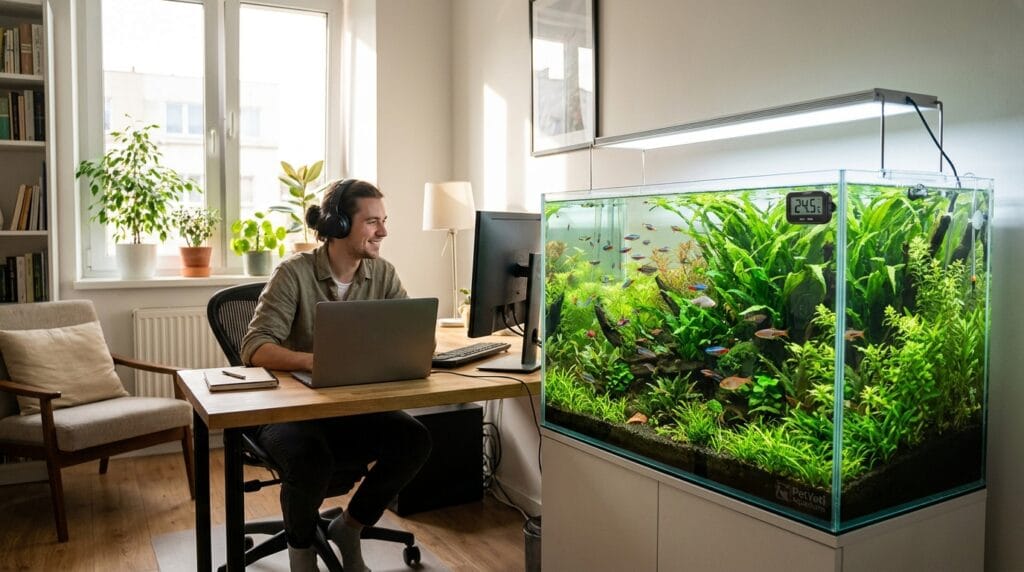 Best aquarium thermometers for beginners showing a stable temperature in a small planted aquarium