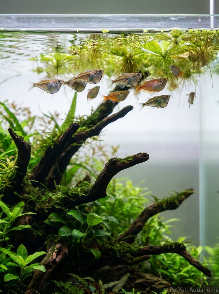 Surface-dwelling freshwater fish swimming beneath floating plants.