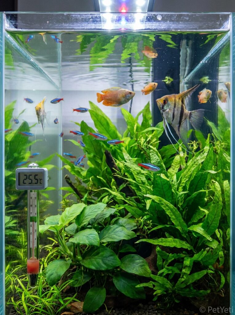 Aquarium thermometer displaying a stable water temperature in a healthy fish tank.