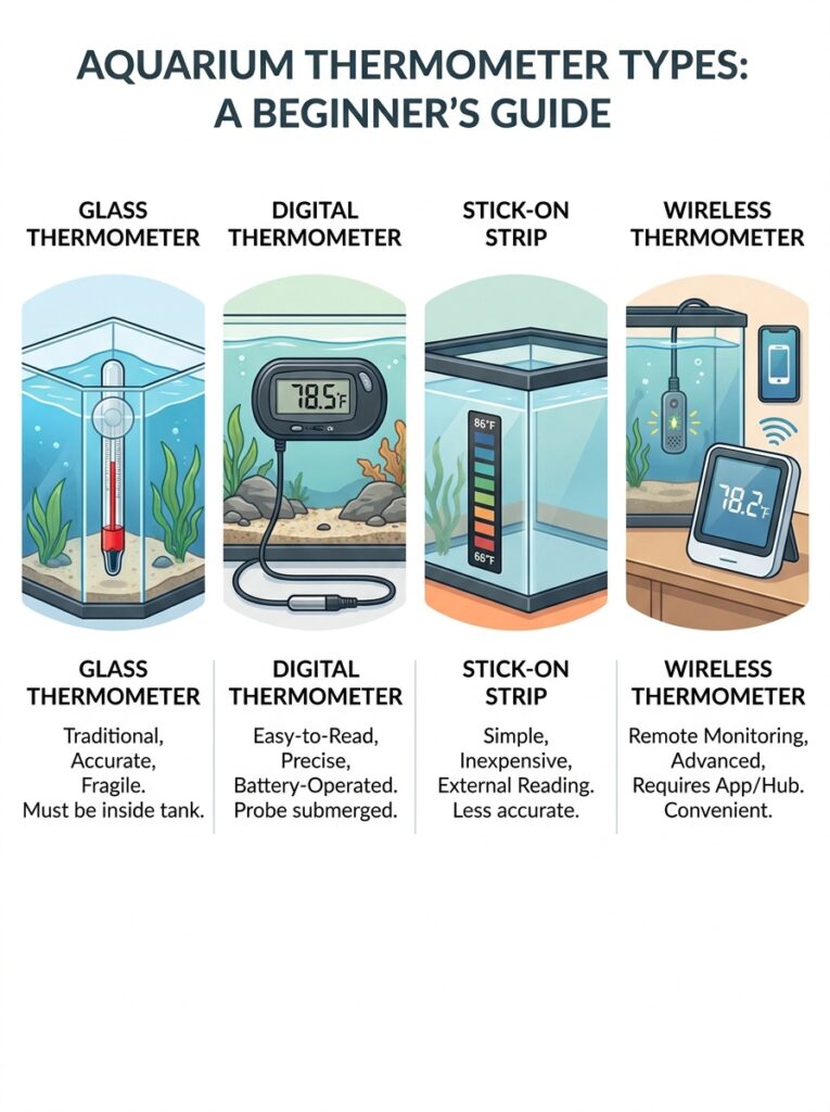 Comparison of glass, digital, stick-on, and wireless aquarium thermometers.