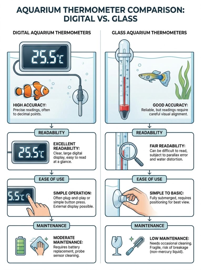 Comparison of digital and glass aquarium thermometers for beginner fishkeepers.