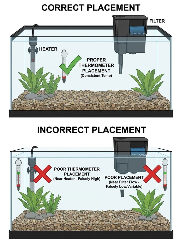 Diagram showing proper aquarium thermometer placement for accurate temperature readings.