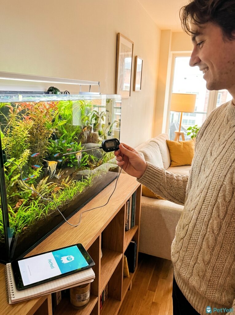 Aquarium owner monitoring water temperature and fish behavior.