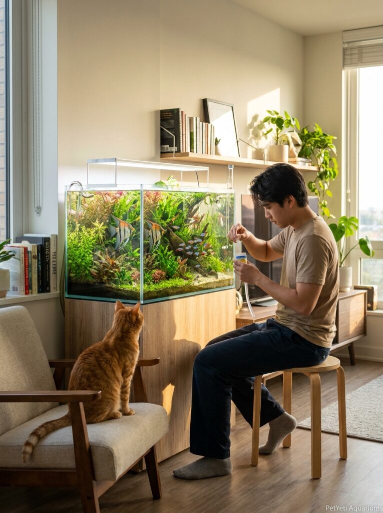 Aquarium owner testing water quality in a healthy planted fish tank.