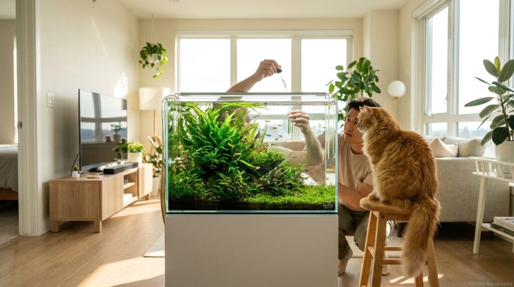 Best aquarium test kits for beginners beside a small planted aquarium with clear water