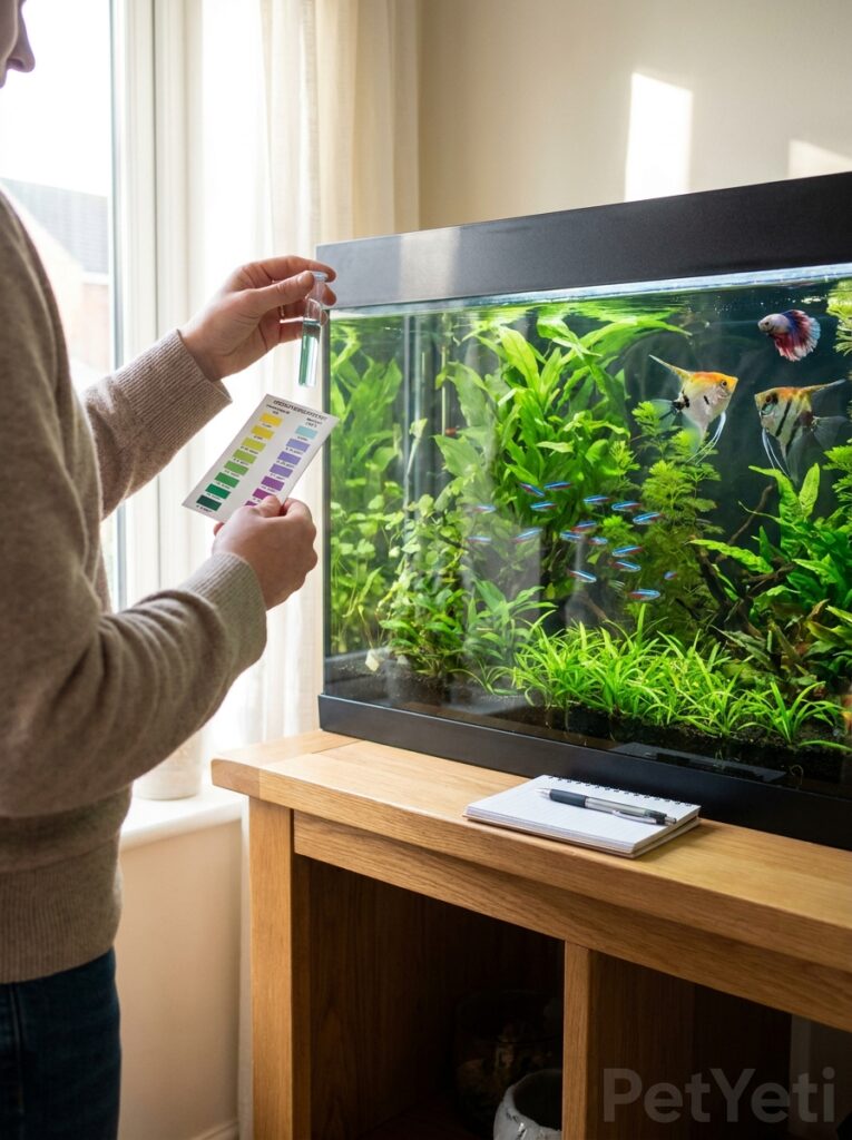 Aquarium owner checking water quality results beside a healthy aquarium.