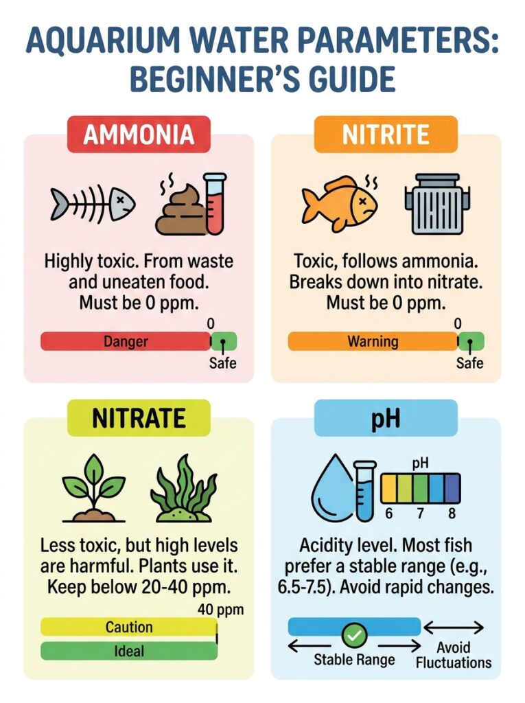 Aquarium water parameters including ammonia, nitrite, nitrate, and pH.