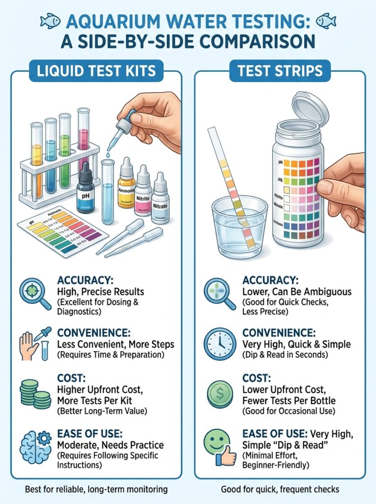 Comparison of liquid aquarium test kits and aquarium test strips.