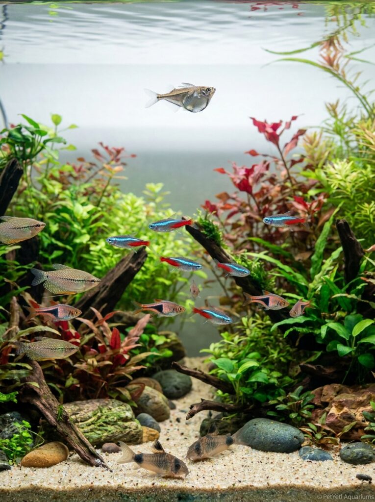Healthy community fish using different levels of a thriving planted aquarium.