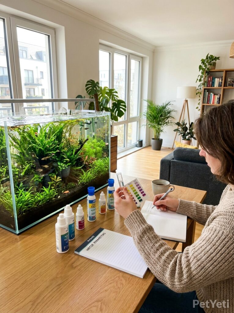 Aquarium hobbyist recording water test results during routine maintenance.