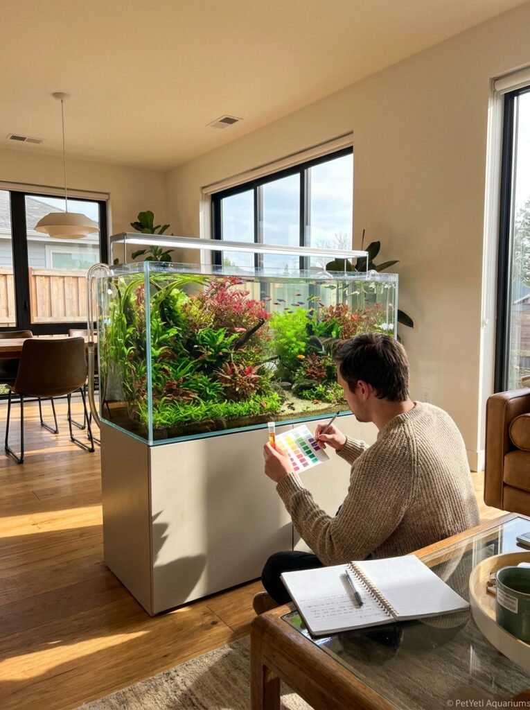 Aquarium hobbyist testing water quality beside a healthy planted fish tank.