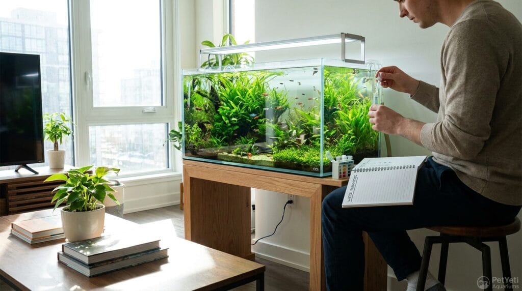 How to test aquarium water correctly using a liquid test kit beside a small planted aquarium