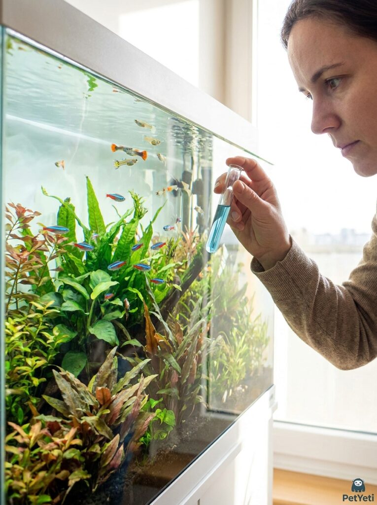 Aquarium owner checking water quality in a healthy planted aquarium.