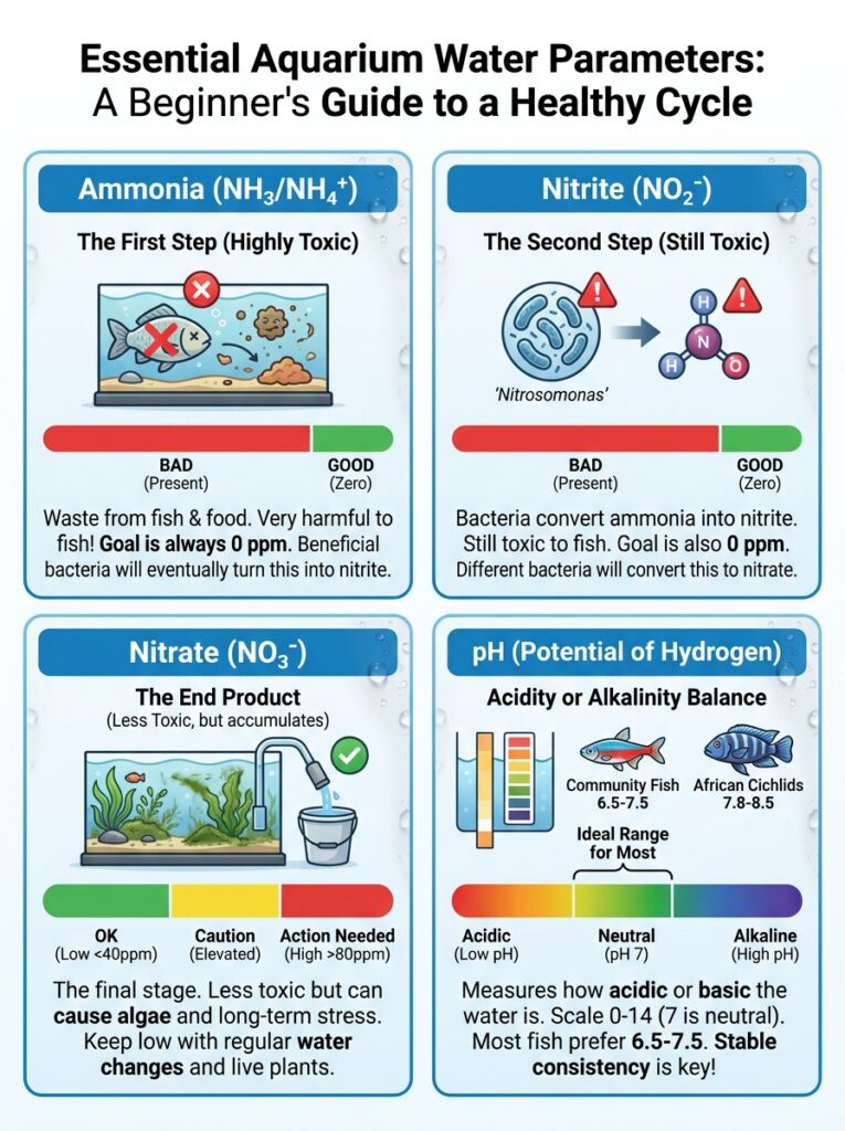 The four essential aquarium water parameters: ammonia, nitrite, nitrate, and pH.